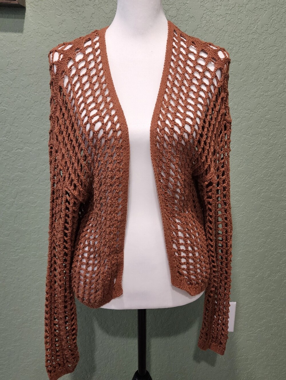 Earthbound Trading Co Open Knit Mesh Crochet Cardigan Sweater Boho Rust XS/ S